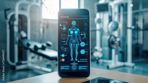 AI-driven mobile health app on smartphone, with icons and graphics representing health metrics and AI analytics. integration of Artificial intelligence in personal health tracking and wellness.