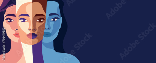 Vector flat banner with place for text for International Women's Day, different faces of women standing side by side. Vector concept of movement for gender equality and women's empowerment