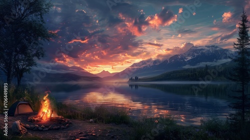 A family camping by a picturesque lake, roasting marshmallows over a crackling campfire as the sun sets behind the mountains --ar 16:9 --v 6 Job ID: 6640b526-fee6-42ee-9b6e-8db7e825f77f