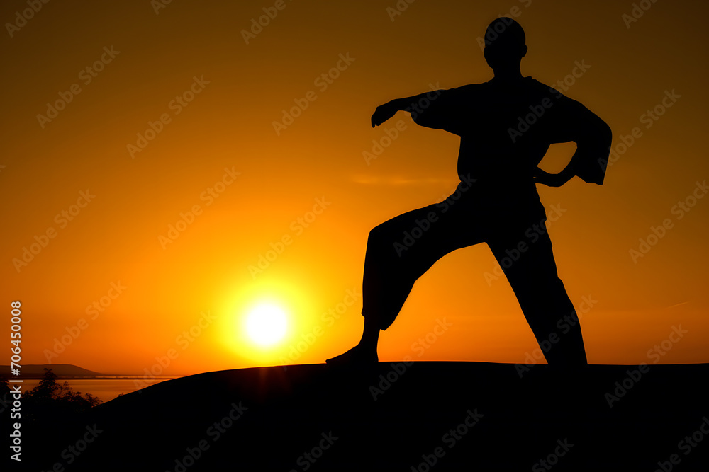 Muay thai, Thai Boxer in sunset background. Neural network AI generated art