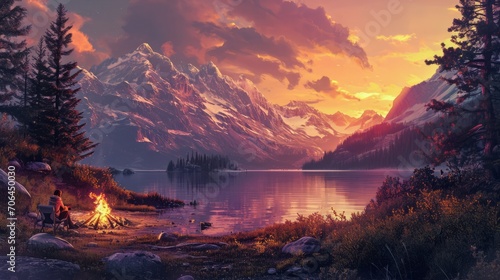 A family camping by a picturesque lake, roasting marshmallows over a crackling campfire as the sun sets behind the mountains --ar 16:9 --v 6 Job ID: 26628cc3-f127-4d1f-9695-49cfec4ed1b4