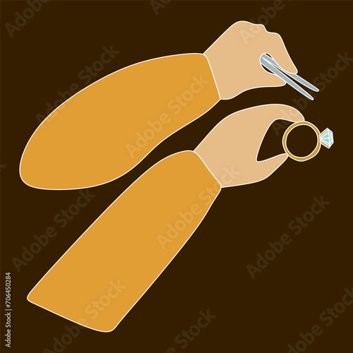 Flat jeweler hands Holding Tweezers and Ring with Big Gemstone. Cartoon Brilliant icon. Jeweler profession. Jeweler day card. Vector illustration isolated on white. Jewelry making concept.
