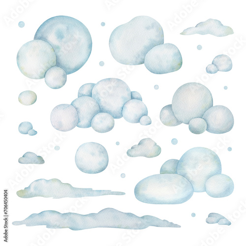 Watercolor winter set of snow and snowdrifts. Season design elements.