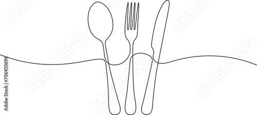 continuous single line drawing of cutlery, fork, knife and spoon, line art vector illustration