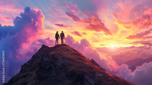 A couple hiking hand in hand, reaching the summit of a mountain, greeted by a breathtaking sunrise photo