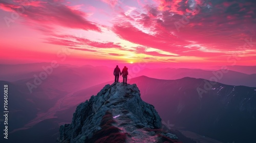 A couple hiking hand in hand, reaching the summit of a mountain, greeted by a breathtaking sunrise © Artem