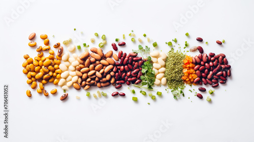 Various colorful legumes and cereals in black bowls background. 