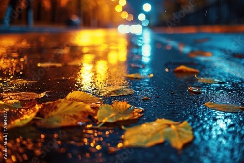A picture of a wet sidewalk with leaves on it at night. Perfect for illustrating a rainy evening or a walk in the park during autumn.