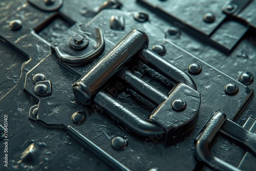 A detailed close-up of a metal latch on a smooth metal surface. This image can be used to depict security, durability, or industrial themes