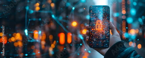 Cyber security concept - hand holds phone with lock icon on the screen, neural network, bokeh background photo