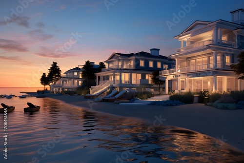 Panoramic view of beachfront homes at sunset in Des Moines, Washington.