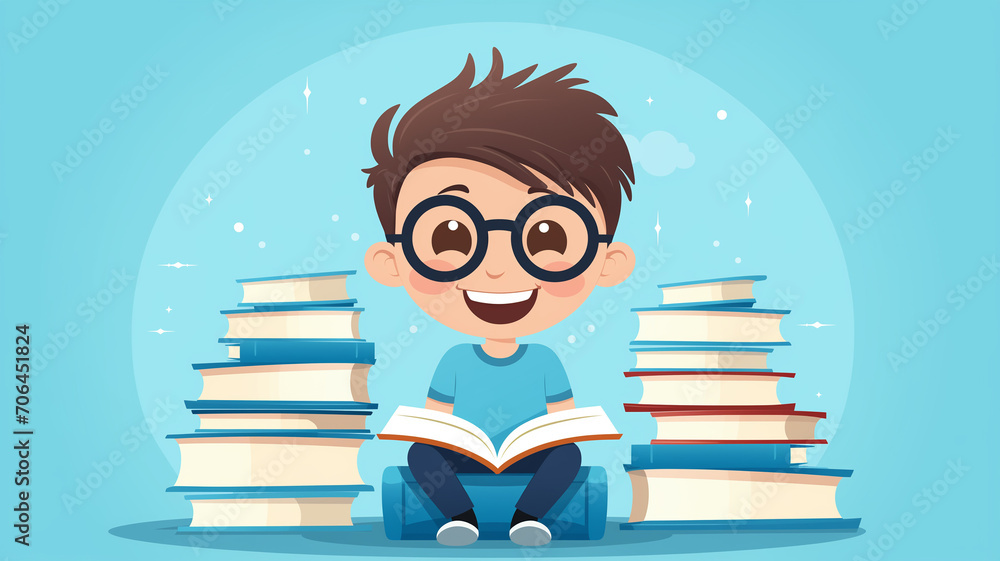 Portrait of a happy child little boy with glasses sitting on a stack of books and reading a books Portrait of a happy child little boy with glasses sitting on a stack of books and reading a books