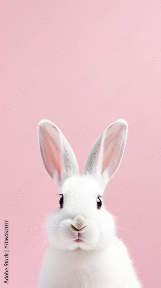 Close-up portrait of a white fluffy rabbit looking at the camera on a pastel pink background with a space to copy. Easter, holiday, animals, spring concepts.