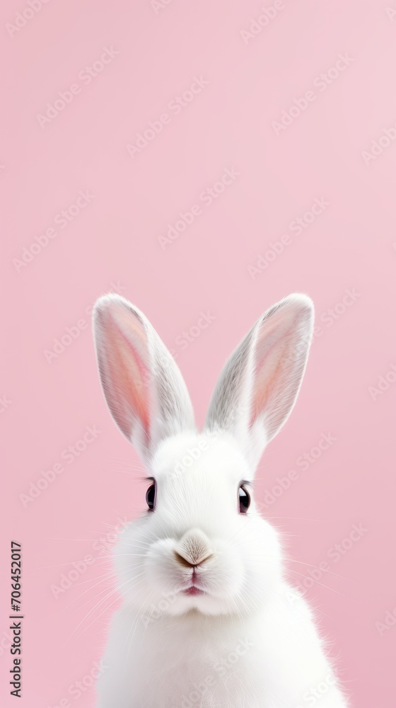 Close-up portrait of a white fluffy rabbit looking at the camera on a pastel pink background with a space to copy. Easter, holiday, animals, spring concepts. Close-up portrait of a white fluffy rabbit looking at the camera on a pastel pink background with a space to copy. Easter, holiday, animals, spring concepts.