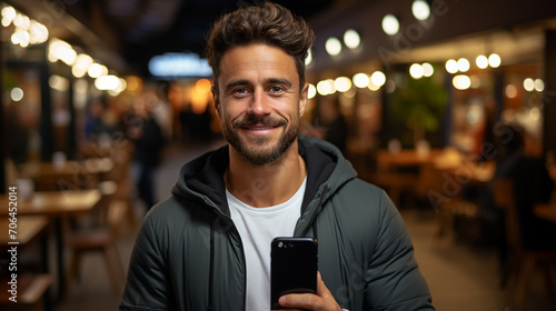 Man using his phone in a restaurant. Hispanic man looking straight ahead and with his smartphone in his hand. Man waiting for a date with a girl made through an app. Background with copy space.