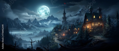 Fantasy landscape with a village in the mountains and a full moon