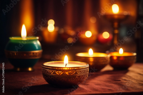 Beautiful diwali diva or lighting lamp on dark background. celebration of new year.