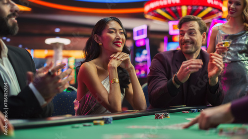 Fotografie Evening in a Stylish Modern Casino: Diverse Group of People Playingh in a Poker Game