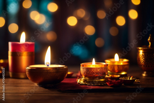 Beautiful diwali diva or lighting lamp on dark background. celebration of new year.
