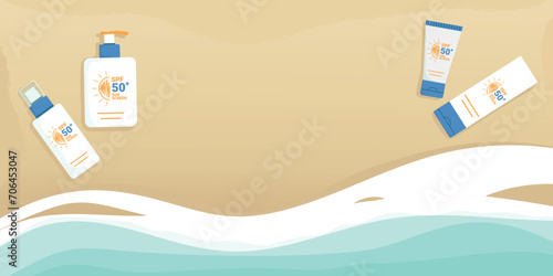 Sunblock sunscreen products summer beach banner. SPF summer skincare products on a sand and wave background. SPF 50 cream, spray, lotion, milk. Vector illustration