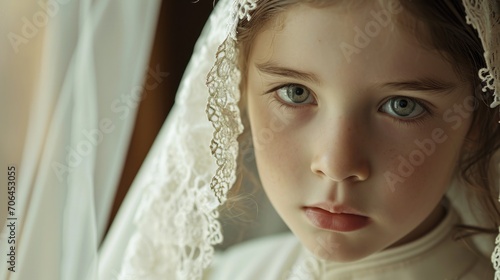 A young girl wearing a veil and a white dress. Suitable for weddings, religious ceremonies, or formal events
