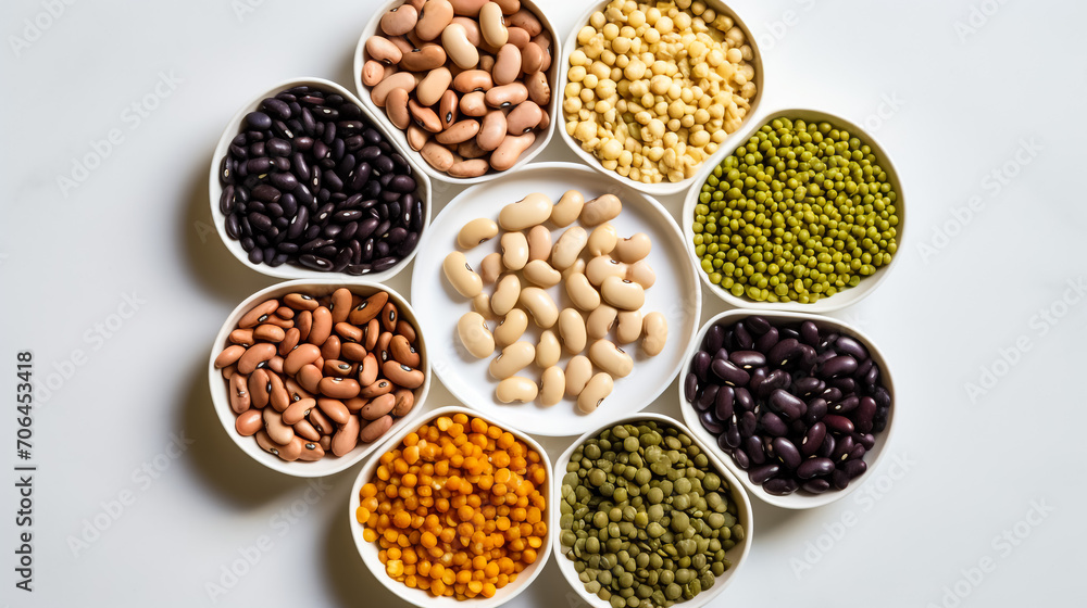 Various colorful legumes and cereals in black bowls background.
 - obrazy, fototapety, plakaty 