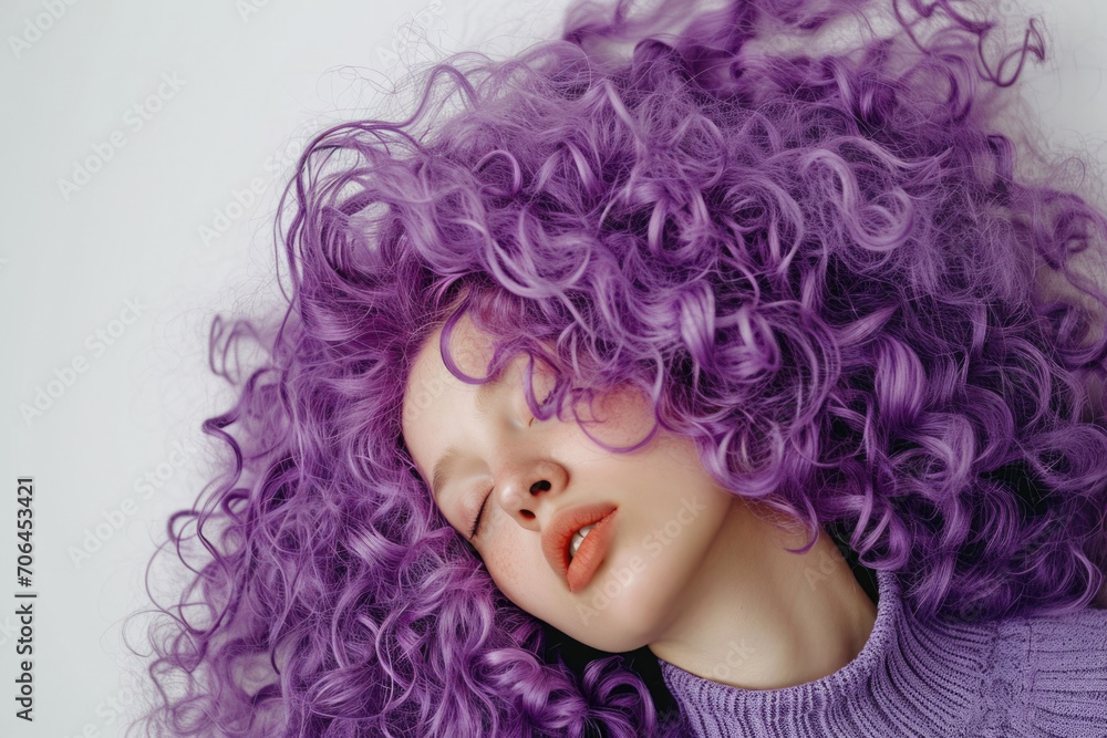 Vibrant Purple Curls Against A White Background: Portraying Beauty And Individuality