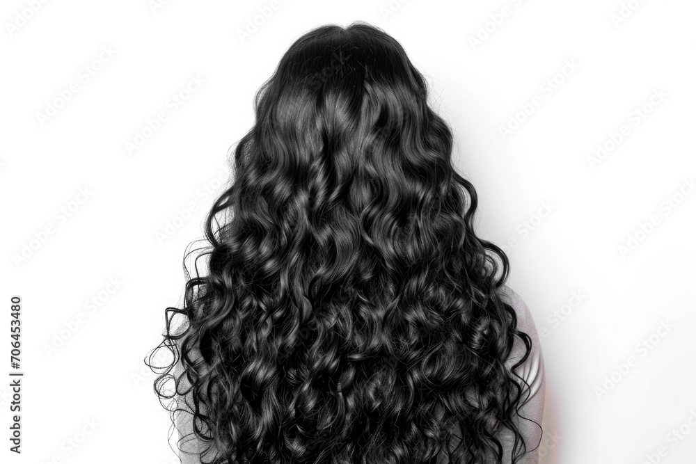 Naklejka premium Elegant Long Black Curly Hair Captured From Behind On White Background