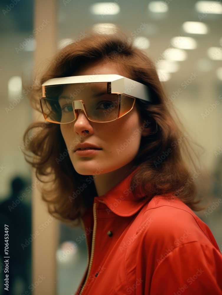 close up of woman in glasses with virtual screen, girl trying on smart glasses. close up of woman in glasses with virtual screen, girl trying on smart glasses.
