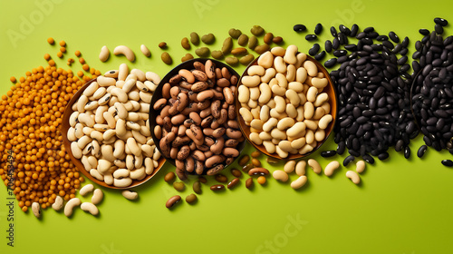 Various colorful legumes and cereals in black bowls background.  © Muhammad