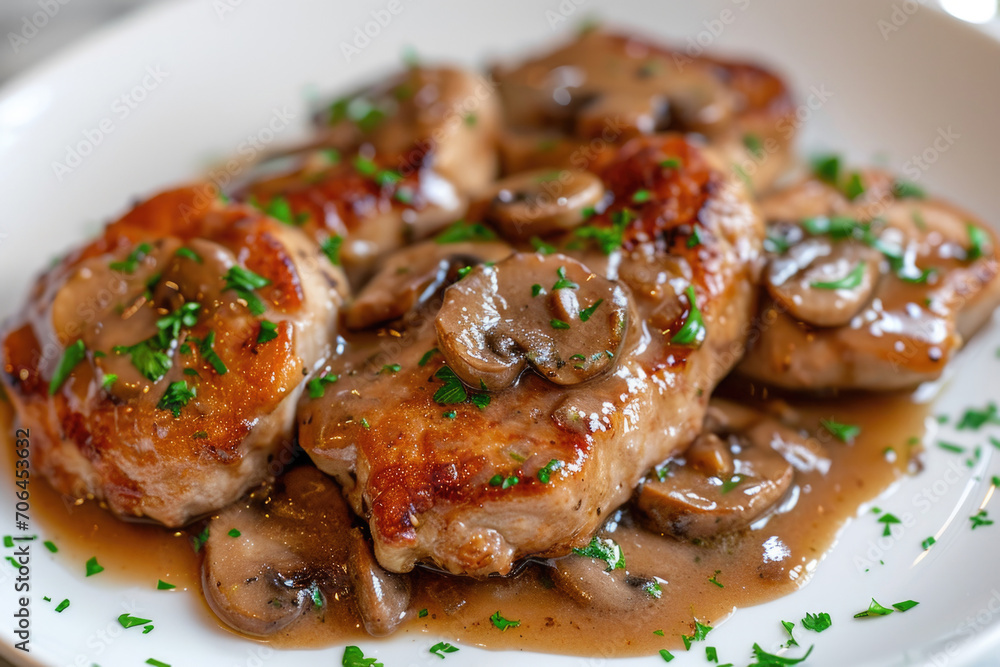 Elegant Presentation Of Scaloppine Alla Marsala On A White Plate Elegant Presentation Of Scaloppine Alla Marsala On A White Plate