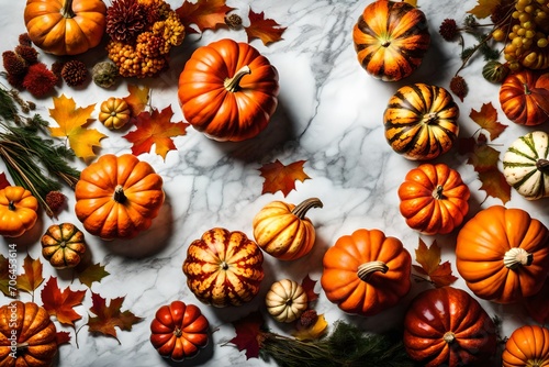 Decorative pumpkins on marble table, fall centerpiece for Thanksgiving