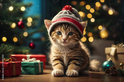 Kitten santa claus. Cat celebrating christmas. Cute kitten with christmas gifts and christmas tree