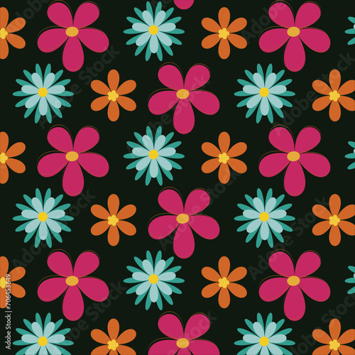 Seamless pattern of red and blue retro flowers on a dark background. Seamless vector pattern in 60s, 70s style. Background design suitable for textiles, clothing, stationery, wrapping paper and covers