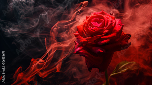rose wrapped in red smoke swirl on black background, generative ai