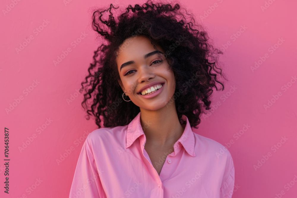 Smiling Woman In Pink Shirt, Against Pink Background Smiling Woman In Pink Shirt, Against Pink Background