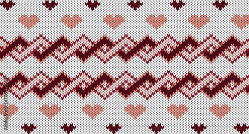 Red and pink heart with zigzag on white knitted pattern, Festive Sweater Design. Seamless Knitted Pattern