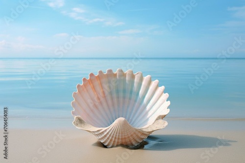 Empty seashell besides vacant space with a beautiful scenery. Generative AI photo