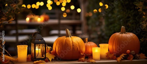 Pumpkin decorations and candles set a cozy atmosphere for outdoor dining in the garden during an autumn event, party, or dinner.