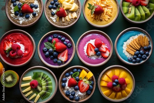 Vibrant smoothie bowls adorned with assorted toppings. Generative AI