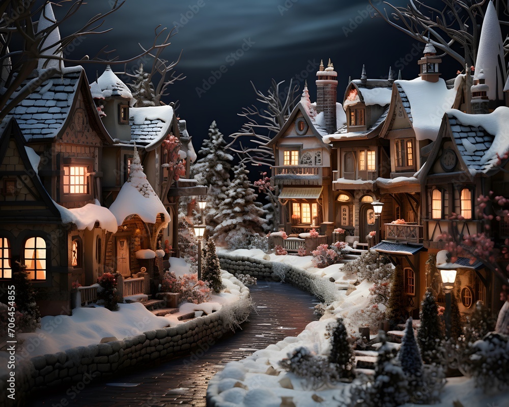 Winter fairy tale village with houses, trees and river at night.