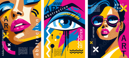 Pop art posters in the minimalist style. Flat graphics design. Girl, sunglasses, eyes, lips. For club or party, print for clothes, advertising layout