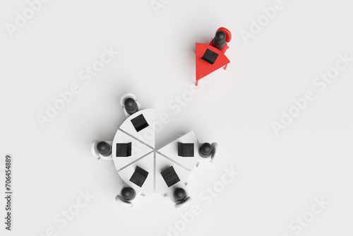 Group of office employees working at a round pie chart shaped table with a single desk being isolated. Illustration of the concept of workplace bullying and lack of teamwork