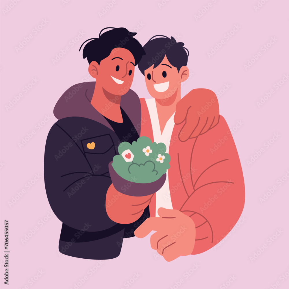 Gay Couple hugging and giving Bouquet to Each other Homosexual Valentine's Day Flat Vector Illustration Gay Couple hugging and giving Bouquet to Each other Homosexual Valentine's Day Flat Vector Illustration