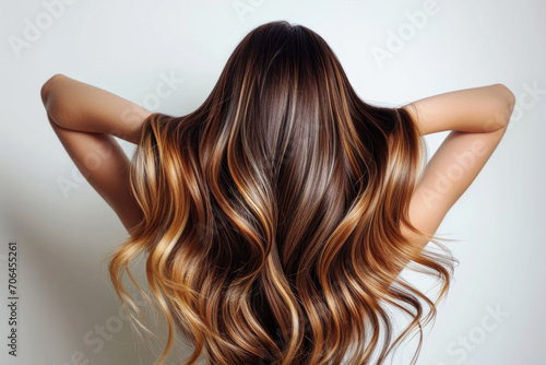 Stylish Woman Showcasing Balayage Highlights Hair Against A White Background