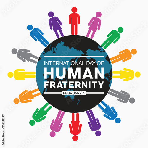 International Day of Human Fraternity design. It features an earth surrounded by colorful people icon. Vector illustration. 