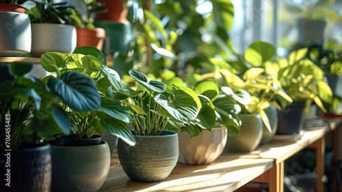 Several pots of lush heart leaf philodendron in a bright room. Generative AI. photo