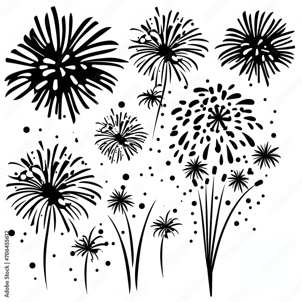 Holiday fireworks and festivities isolated on white background, silhouette, png

