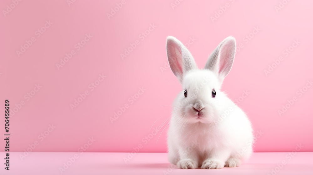Obraz premium A beautiful white rabbit on a pink background with a copy space. Easter, holiday, animals, spring concepts.