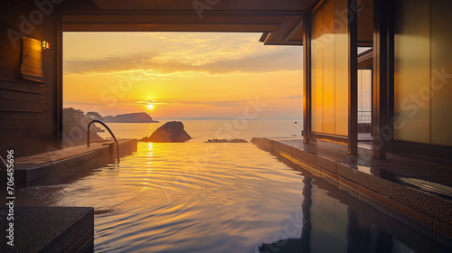Tranquil Japanese onsen with steaming hot springs during a serene sunset. photo